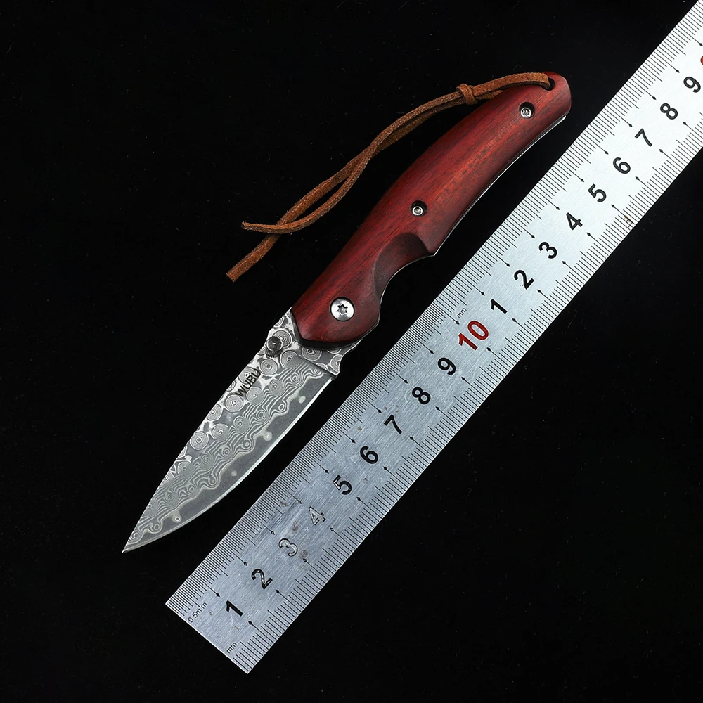 

WUBU Damascus Folding Knife Tactical Flipper Knife Survival Outdoor Sharp Pocket Knives Folding Knife with Red Sandalwood Handle