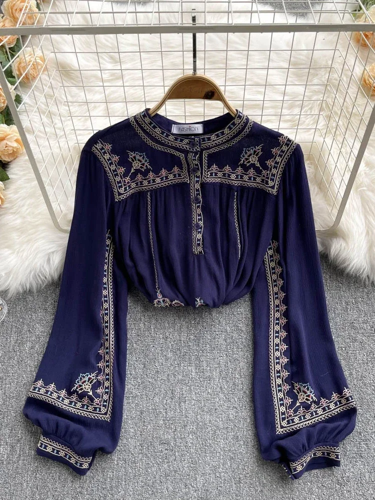 Fashion Versatile Embroidery Shirt Women\'s Spring Autumn New Stand Collar Bohemian Loose Blouse Womens Tops G03