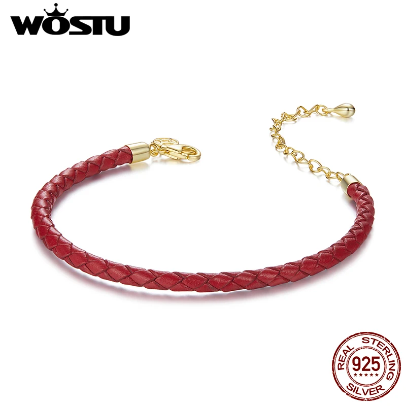 WOSTU 925 Sterling Silver New Year Gift Red Braided Leather Rope Bracelet For Women 18K Gold DIY Jewelry Fit For Charm Bead B294