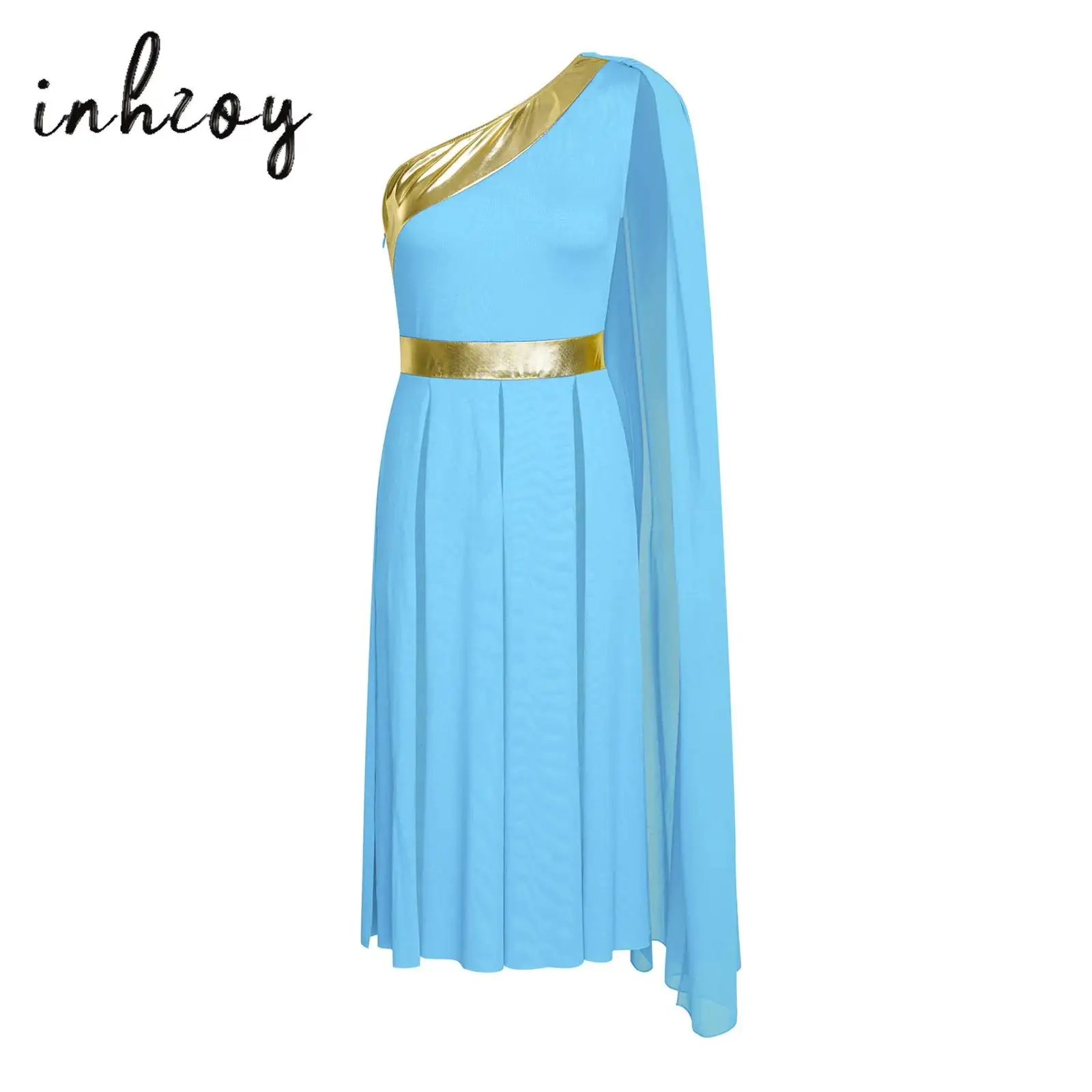 

Womens Lyrical Worship Praise Dance Dress Liturgical Robe Dress One Shoulder with Drape Metallic Patchwork Slit Hem Tunic Dress