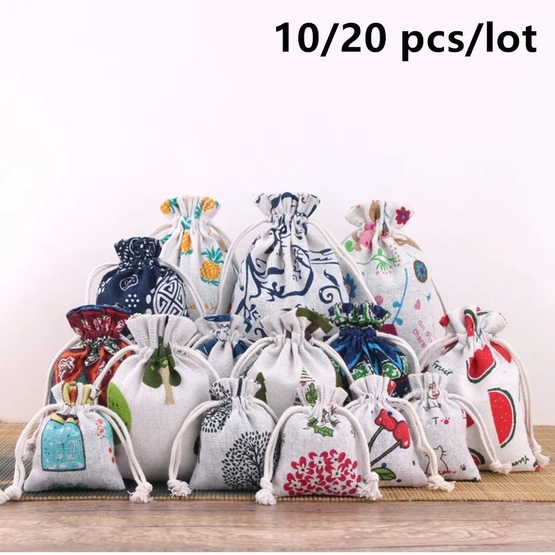 

10/20 шт./лот, льняные сумки для хранения с мультяшным принтом и шнурком, 10x14 см, маленький размер, тканевая подарочная упаковка, хлопковые мешочки