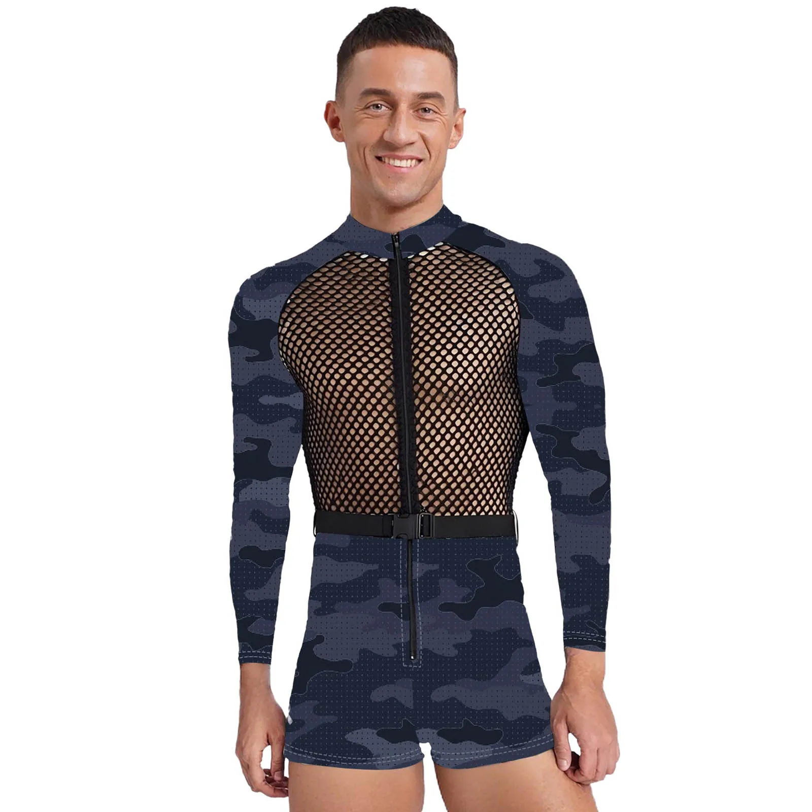 

Мужской ажурный камуфляжный комбинезон, дышащий бодибилдинг, тренажерный зал, спортивный боди с пряжкой, ремень для тренировок, плавания, спортивные костюмы