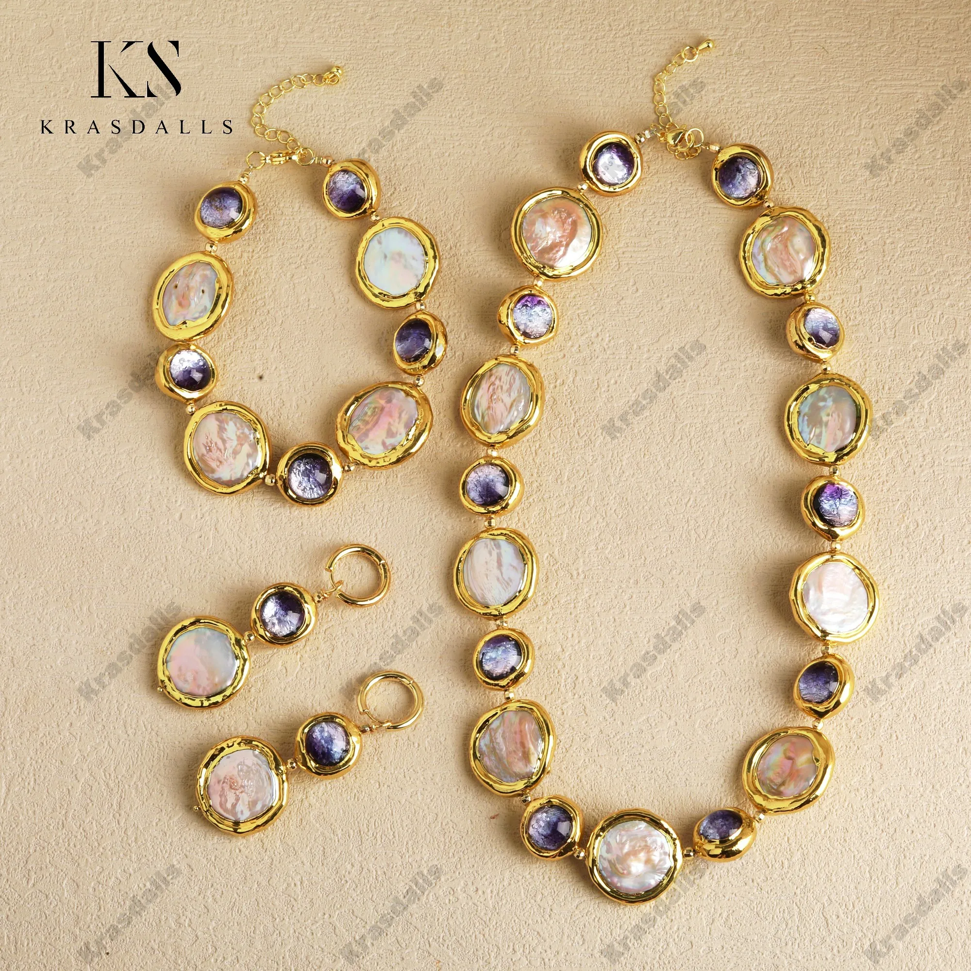 

Fashionable Gold Plated Pearl Jewelry Set with Purple Glass Beads Necklace Bracelet Earrings with Purple Glass Beads Wedding