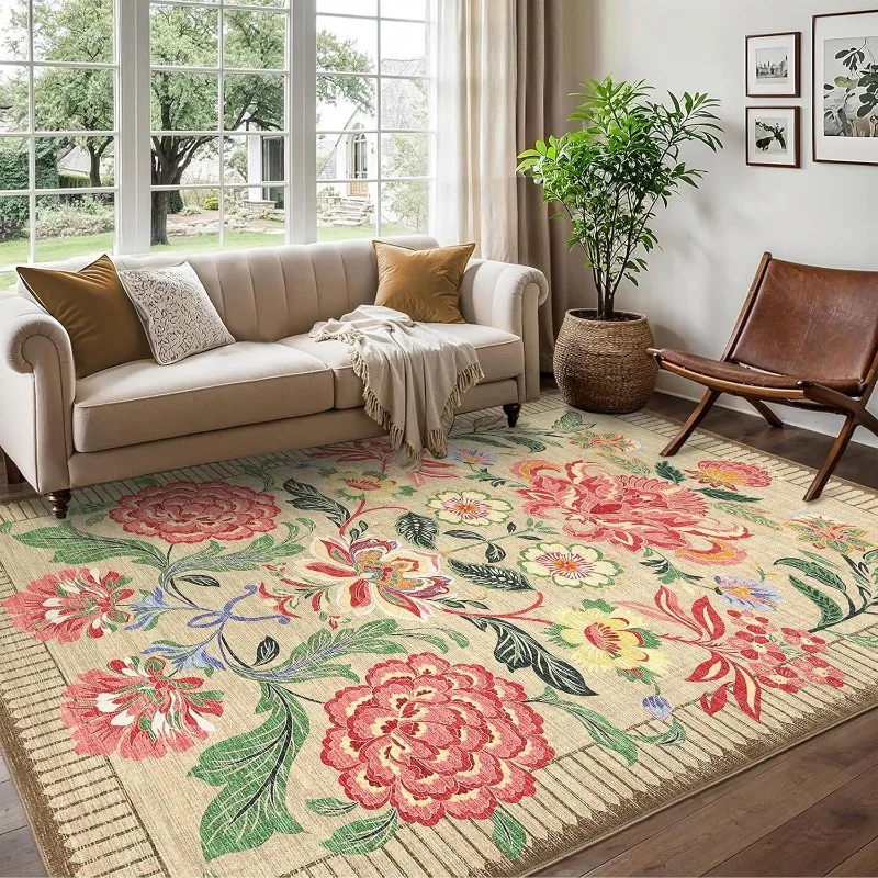 

Floral Living Room Carpet Bohemian Striped Border Design Bedroom Plush Rugs Foldable Machine Washable Non-slip Cloakroom Mats 러그
