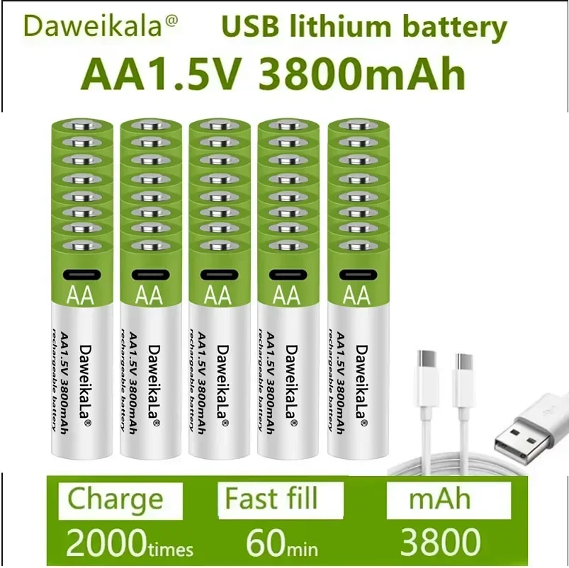 Fast charging 1.5 V rechargeable battery AA1.5V 3800 MAH lithium battery replacement LED flashlight, camera, keyboard and mouse