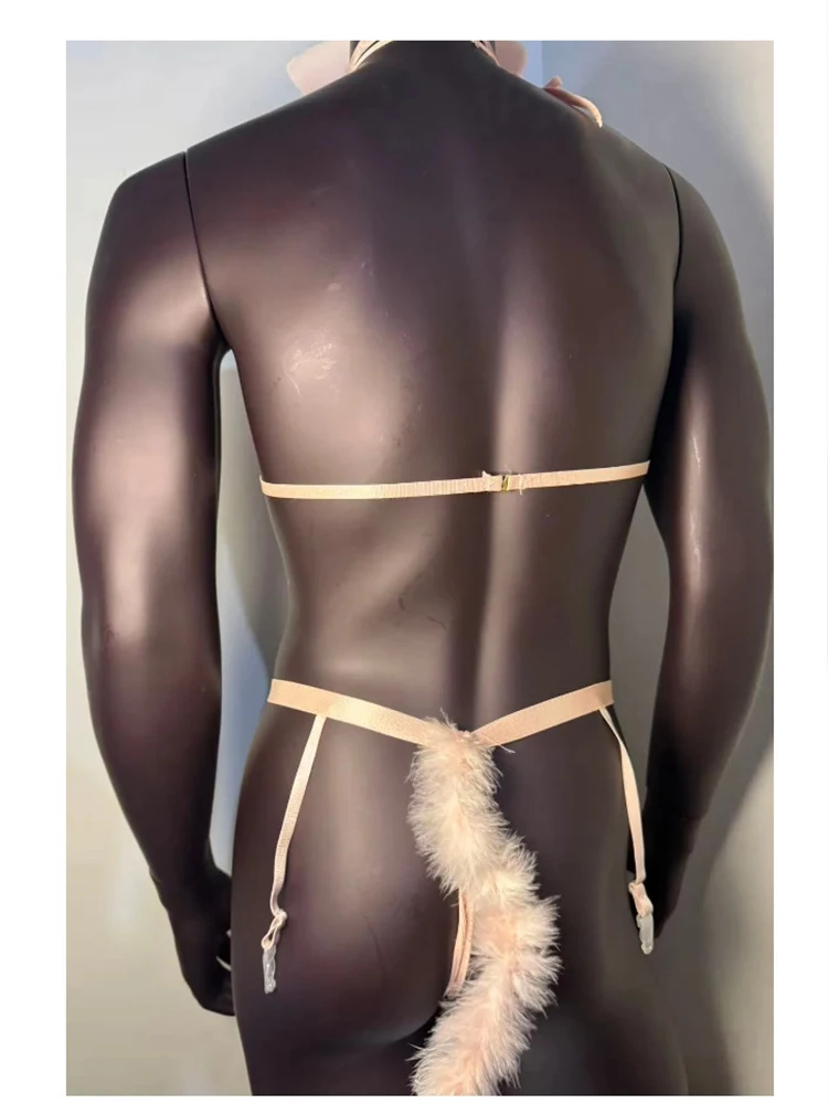 Large size sexy porno lingerie role-playing bdsm couple uniform pink male servant outfit bikini sex suit mesh sock accessories view 6
