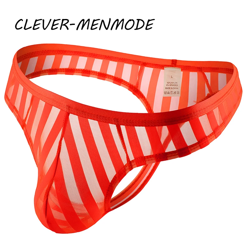 CLEVER-MENMODE Sexy Men\'s Underwear Transparent See Through Striped Thong Breathable Mesh Bikini U Convex Bulge Pouch Panties