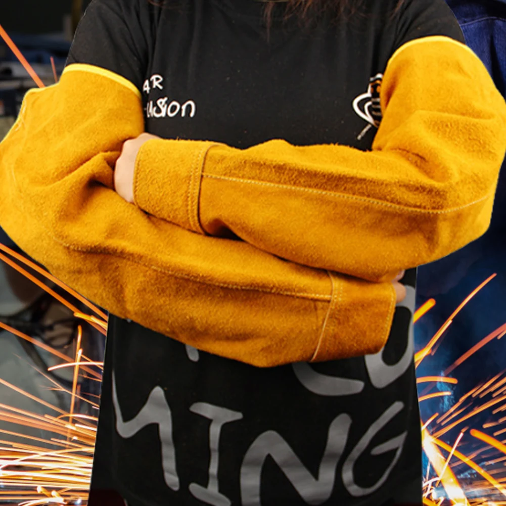 Leather Arm Protection Cover Sleeves Heat & Flame Resistant Cowhide Welding Work Sleeves Welding Arm Protection for Welders Safe