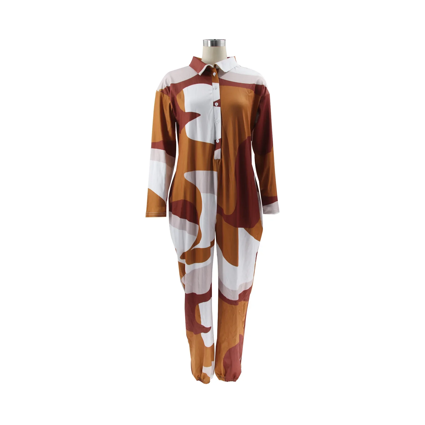 

2025 Fashion Winter Sexy Jumpsuit Lapel Loose Jumpsuit Irregularly Printed Single-breasted