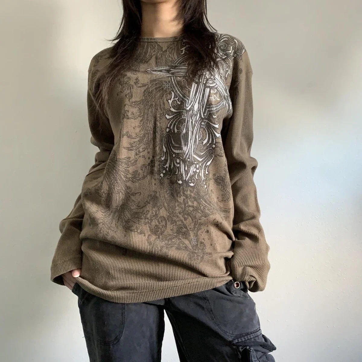 Women Aesthetic Clothing 2024 Trend Vintage Tops Gothic Long Sleeve Round Neck Cross Print Loose T-Shirts Streetwear Grunge Tops