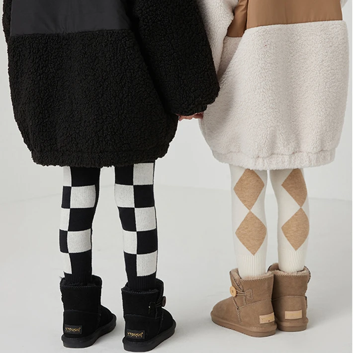 Girls' Knitted Leggings with Playful Contrasting Colors Slim Fit  Versatile Warmth Checkered Chessboard for Extra Wearing