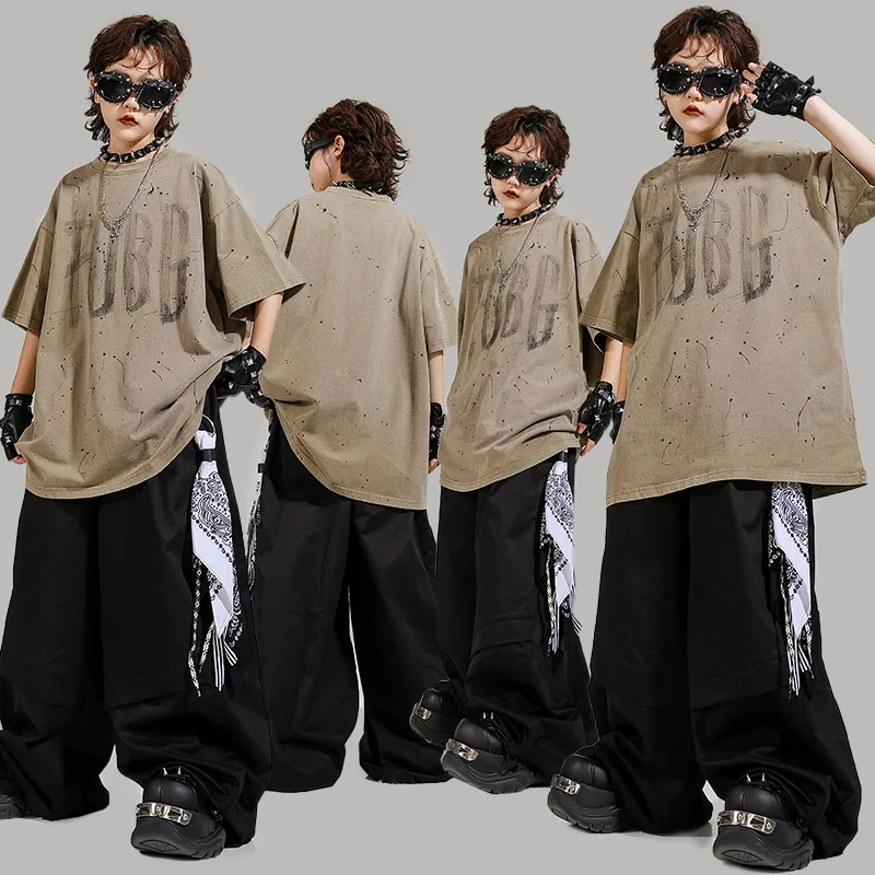 

Kid Kpop Hip Hop Clothing Khaki Letter Print T Shirt Black Casual Wide Leg Pleated Pants for Girl Boy Jazz Dance Costume Clothes