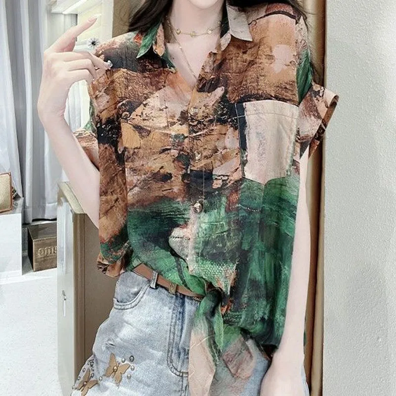 Elegant Vintage Tie Dye Polo-Neck Printed Blouse Summer Women\'s Clothing Korean Casual Short Sleeve Single-breasted Shirt Female