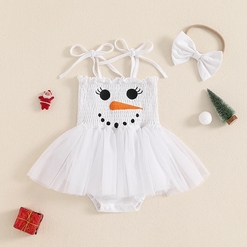 Newborn Baby Girls Romper Dress White Sleeveless Tulle Patchwork Snowman Romper with Headband Infant Clothes 0-24 Months