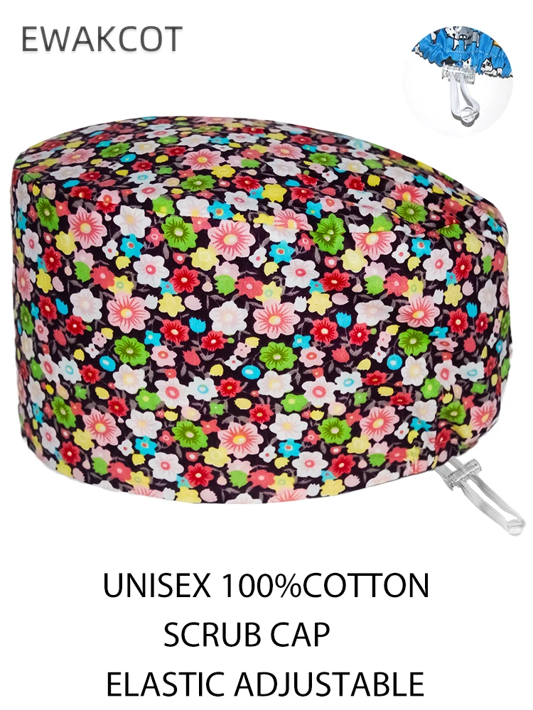 المرأة الأزهار المطبوعة فرك قبعة القطن مطاطا ممرضة طبيب الأسنان طبيب العمل التمريض اكسسوارات قبعة للجنسين الحيوانات الأليفة متجر قبعات جراحية