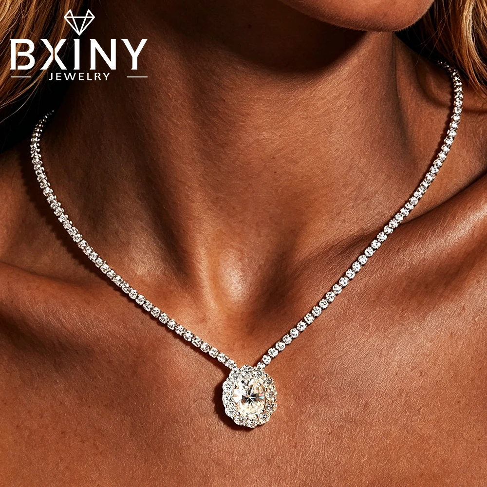 

BXINY Oval Cut Moissanite Pendant Tennis Necklace 100% S925 Silver for Women Halo Diamond Choker Chain Wedding Gift Fine Jewelry