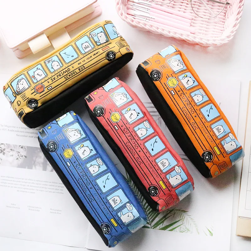 Caso Lápis de lona para Material Escolar, Papelaria Bag, Material Escolar, Ônibus, Kawaii, 1 Pc