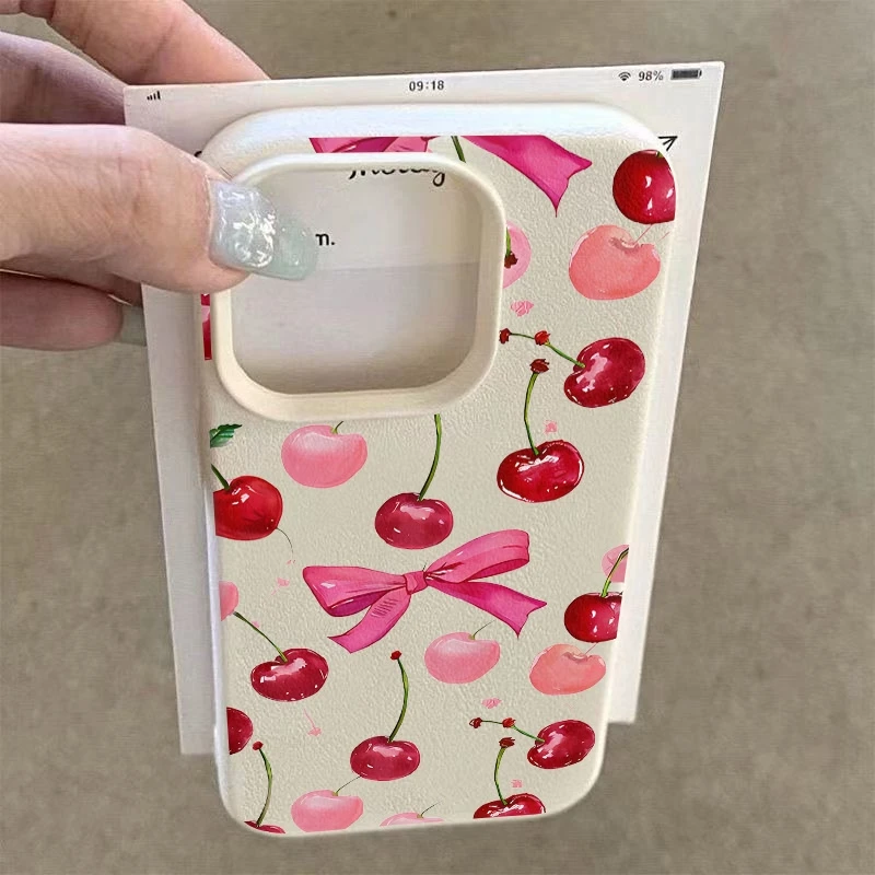 Funda de teléfono con estampado de cereza y lazo para iPhone 17Air 16 Pro Max 15 Plus 14 13 12 11 XS XR X, funda de silicona a prueba de golpes