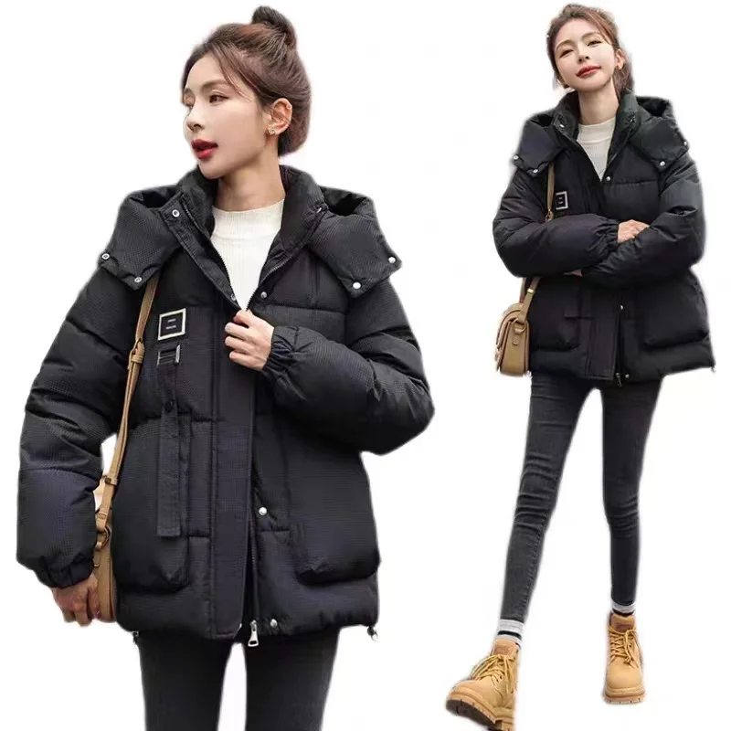 Chic Cotton-padded Coat Warm Winter Women\'s Clothing Short Puffer Jacket Hooded Parkas Pocket Long Sleeve Solid Zipper Jacket