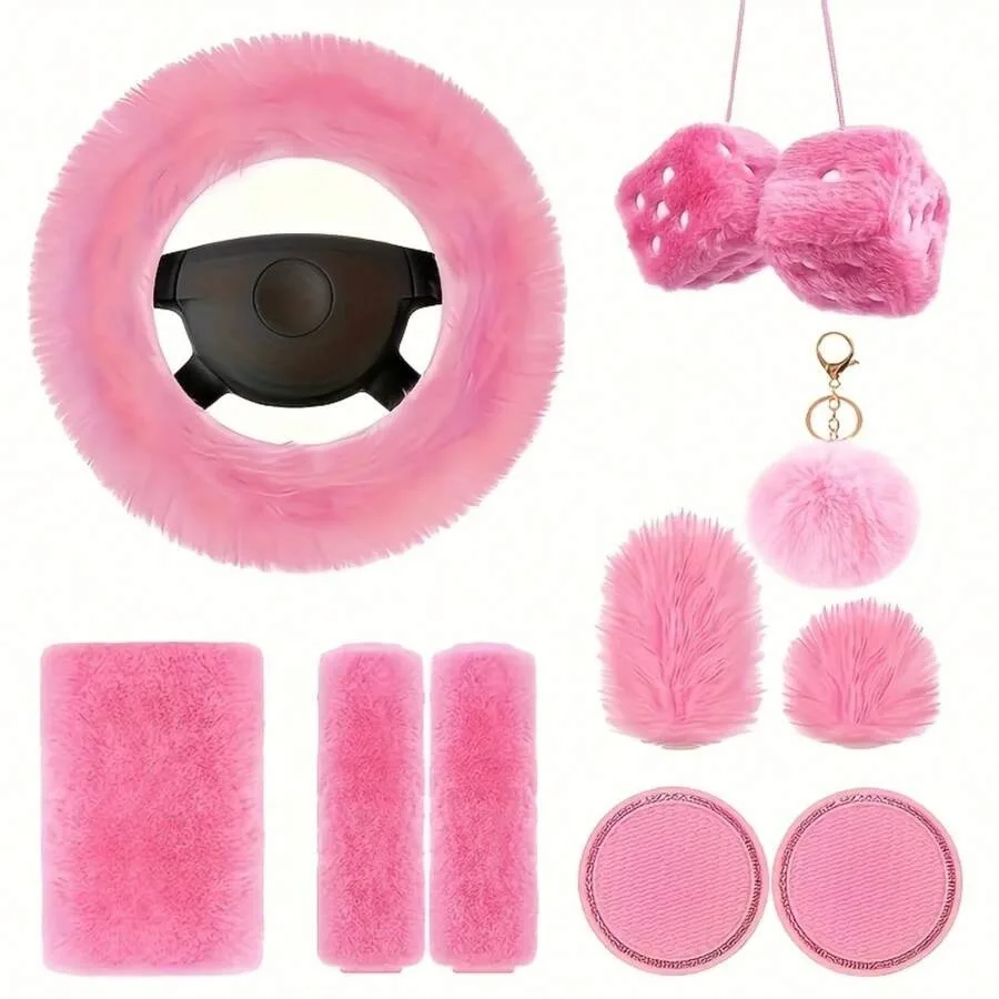 

10pcs Set of Cute Plush Car Interior Additions, Including Universal 15-Inch Steering Wheel Covers, Gearshift Lever And Handbrake Covers, Armrest Pads, Cup Holders, And Dice Keychains - Fashionable Car Additions for Ladies