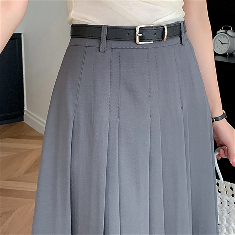 Seoulish Vintage Women\'s Pleated Long Skirts Autumn 2024 New Elegant Solid Color High Waist Casual Office Lady Skirts Female