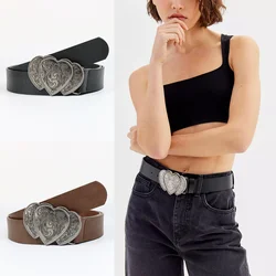 Vintage Heart Leather Belt Love Buckle Retro Embossed Belt Men's Pattern Belt Ethnic Belt Western Jeans Belt Goth