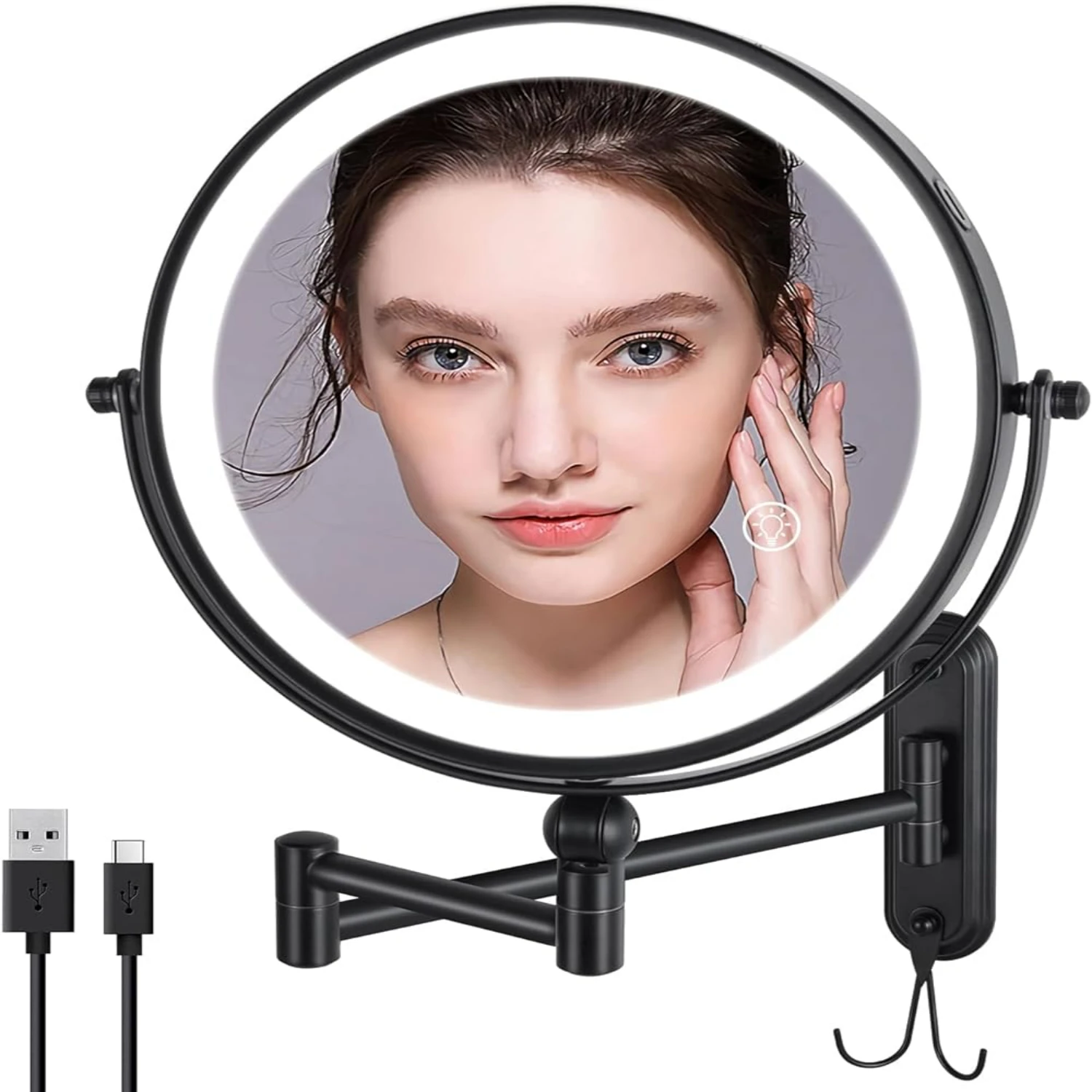 

Stylish 18-Inch Extendable Chrome Wall-Mounted Makeup Mirror with Rechargeable 8.5-Inch Double-Sided LED Magnifying Mirror, Touc