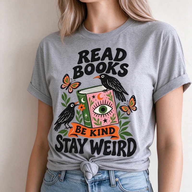 Book Lover Gift T Shirt Vintage Crow Butterfly Read Books Be Kind Stay Weird Print Casual Short Sleeve Tee Harajuku Y2k Top