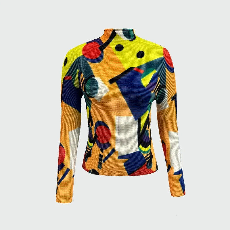 

Miyake High Elastic Pleated T-shirt Fashion Printing Thin Long Sleeve Pullover Tops Large Size Stretch Women's Clothing Thin