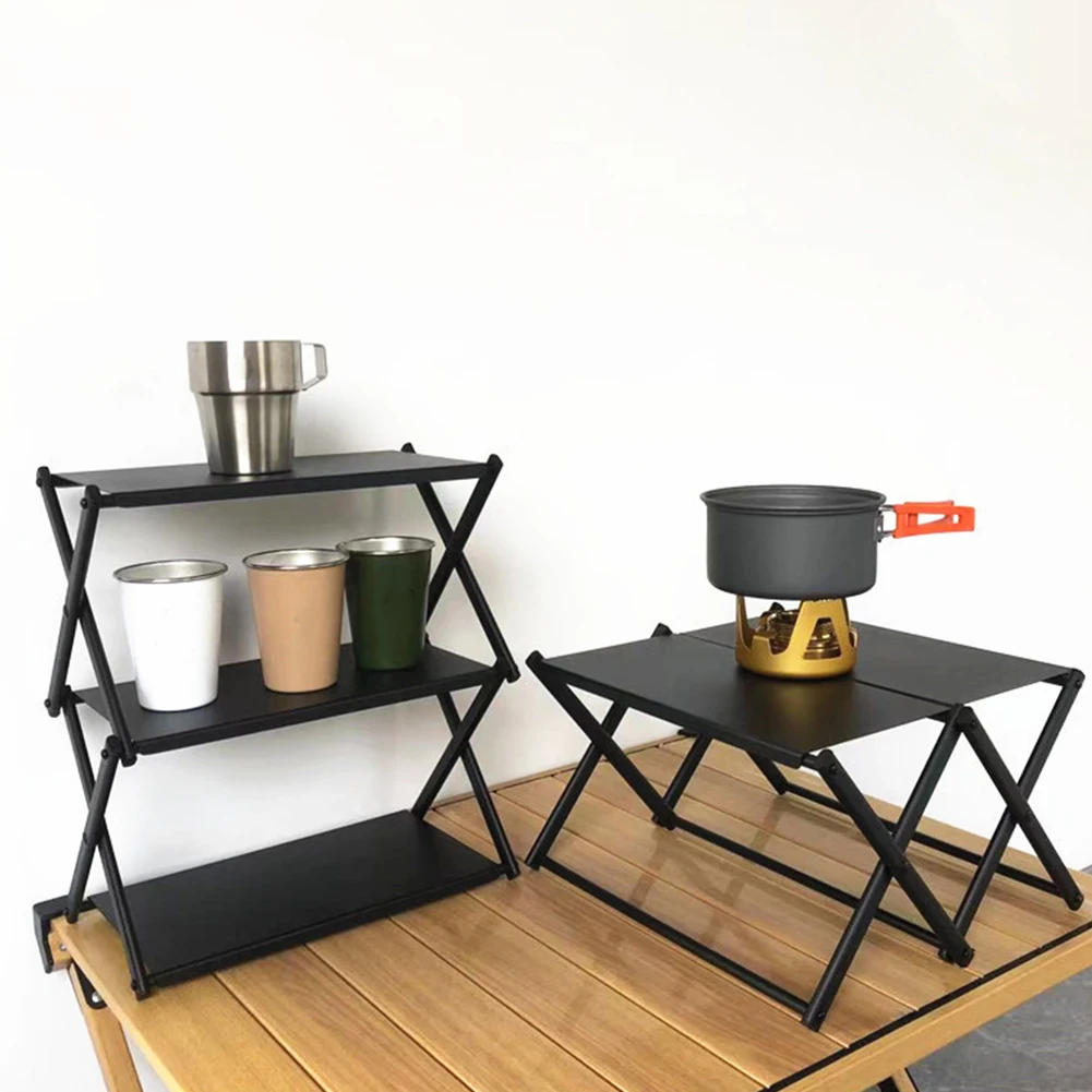 3 Tier Folding Storage Shelf Multi-Function Portable Camping Organizer Heavy Duty Camping Shelf Rack for Backyard Beach