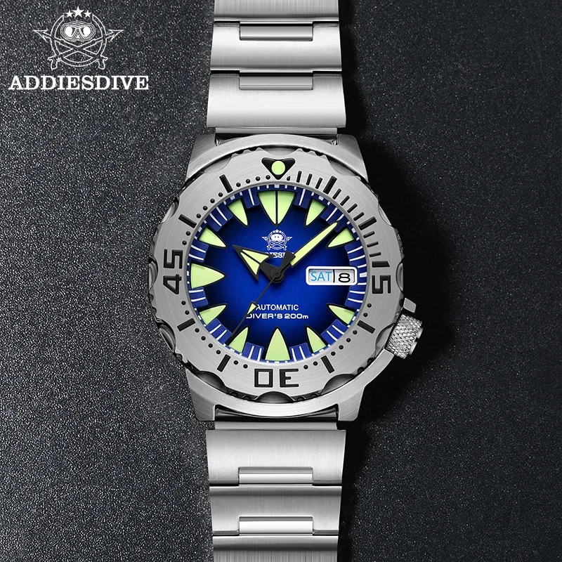 Addiesdive Monster automatische mechanische Taucher uhr ad2103 Saphirglas 200m Taucher uhren für Männer super leuchtende Armbanduhr