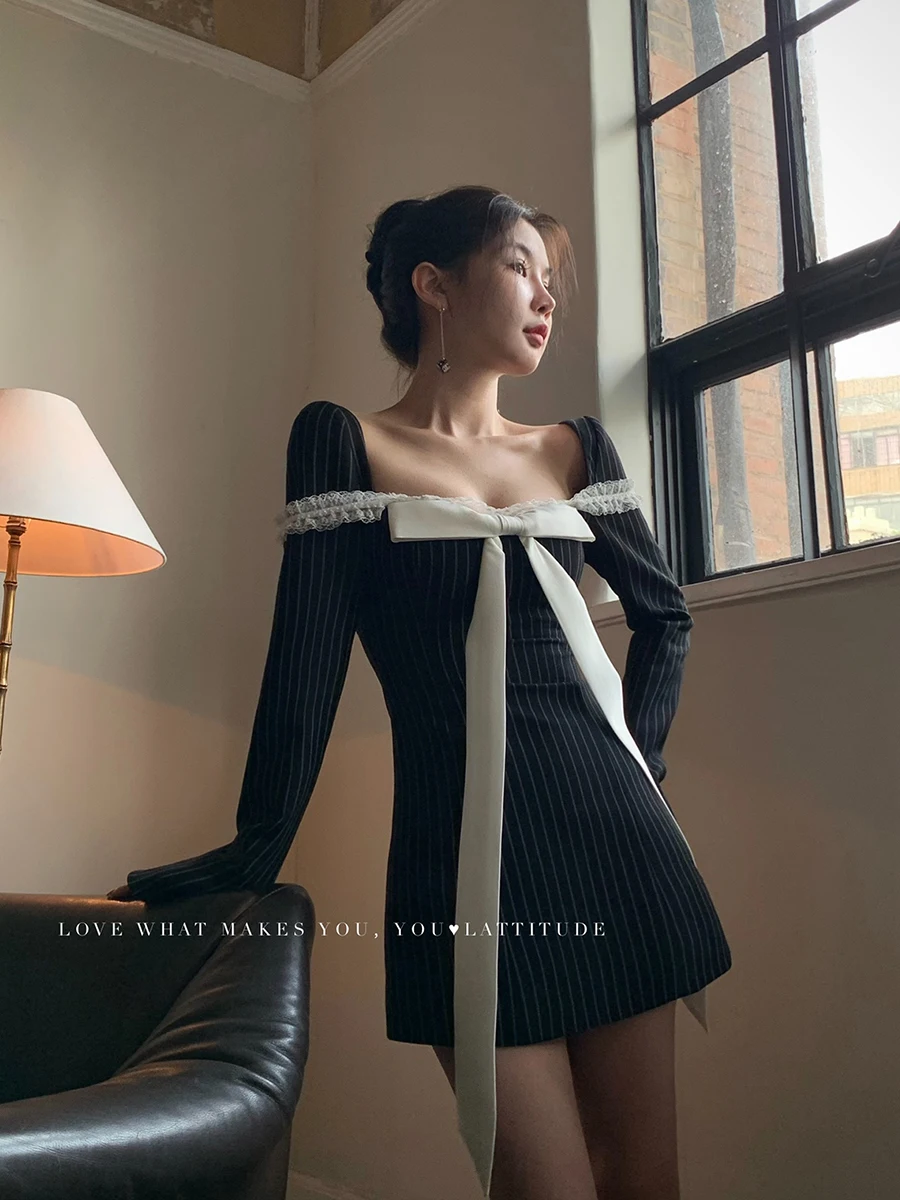 RORORIRI Pinstripes Mini Black Dress Women Bow Stitch Lace Square Neck Long Sleeves A-line Bodycon One-piece Work Formal Clothes