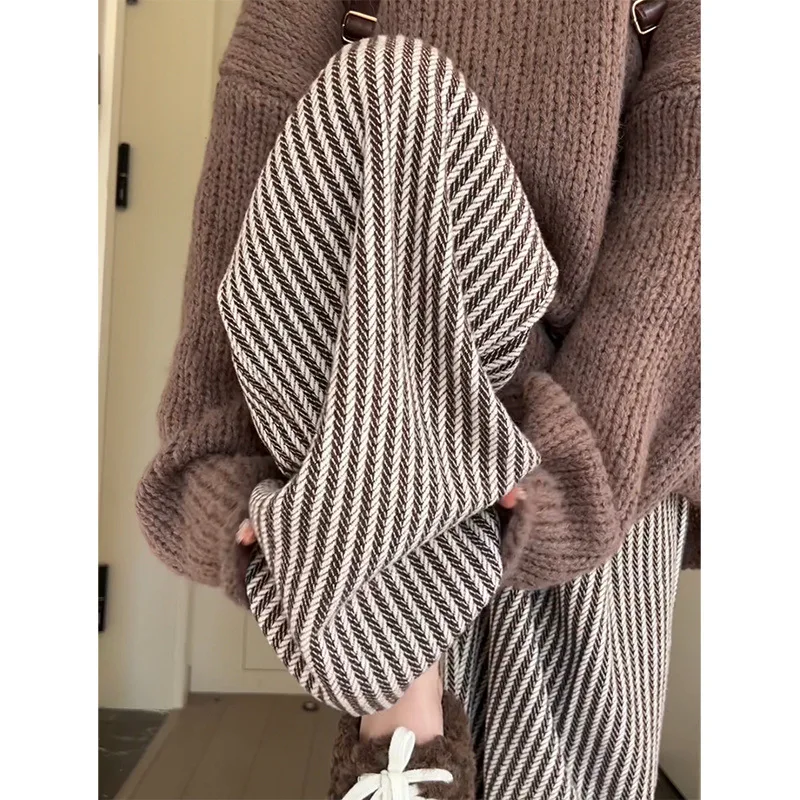 Pantalon Vintage à rayures verticales pour femmes, Harajuku, couleur contrastée, Design Chic, droit, automne, épais, chaud, en laine