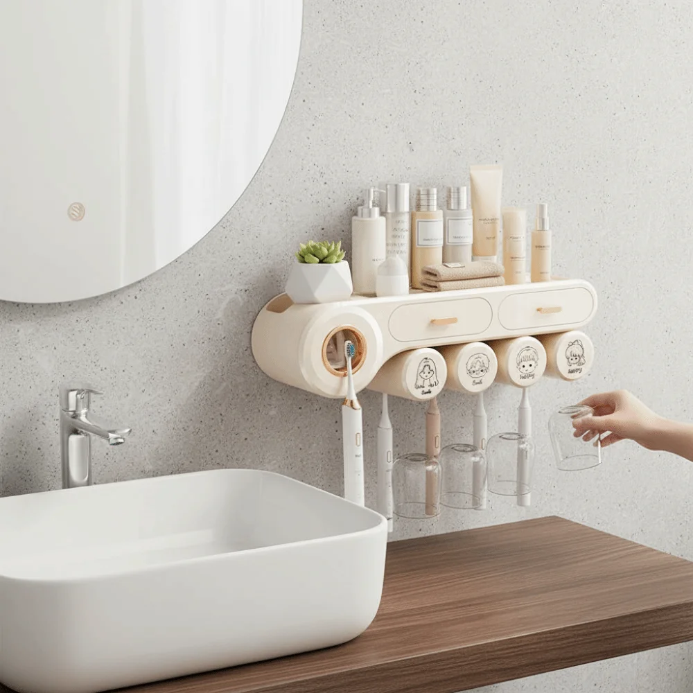 

Wall Mount Toothbrush Storage Rack Non Perforated Space Saving Toothpaste Shelf Reusable 4 Person Bathroom Storage Shelf