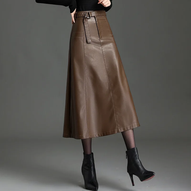 High waist pu leather skirt women new autumn and winter long skirt with belt brown buttocks