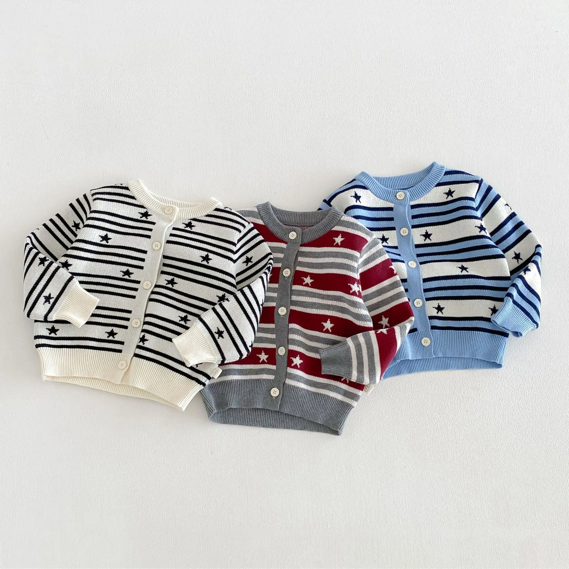 Boys Sweater Spring and Autumn New Childrens Clothing Korean Boys and Girls Foreign Style Jacquard Star Striped Knitwear
