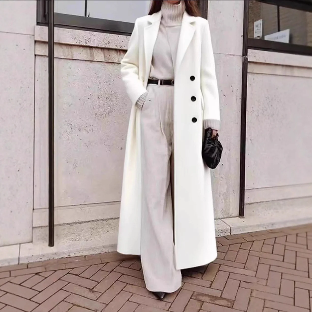 Caldo cappotto di lana Casual lungo colore puro Autunno Inverno da donna Faion Capispalla Materiale di seta V-Ne Cappotto stampato sottile