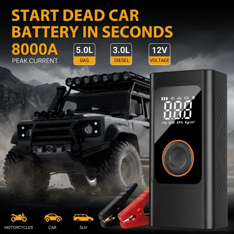 9-in-1 Car Battery Jump Starter with Air Compressor, 8000A 12V Car Battery Booster for Dead Battery, 9000mAh Portable Jump Box for 5.0L Gas/3.0L Diesel, 150 PSI Auto Shut-Off Tire Inflator, Jumper Cables, LED Light, USB Output, SOS Strobe Light