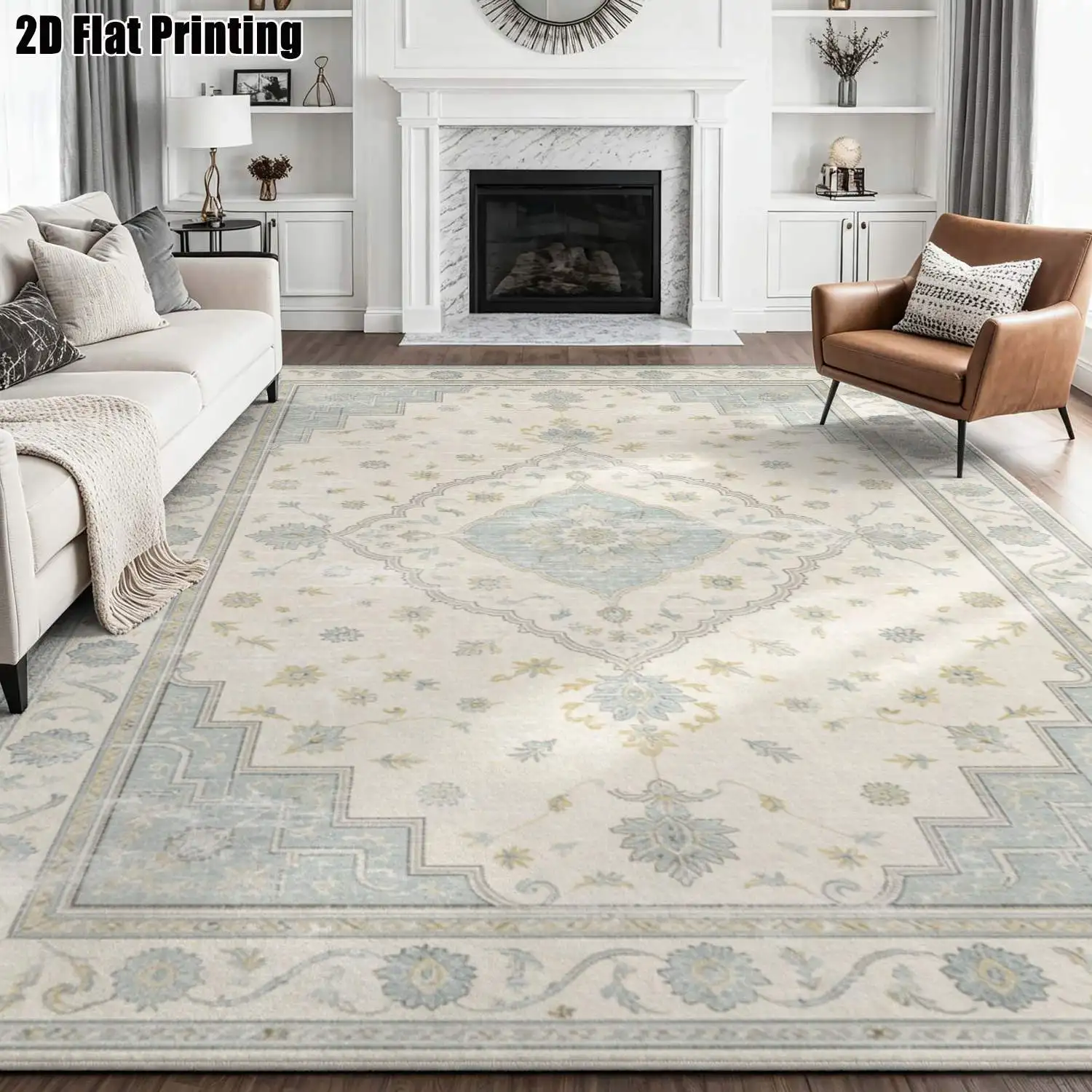 1Pc 2D Printed Carpet: Light Blue Retro Floral Pattern, European Style with Geometric Lines Machine Washable, Multi-Size, Ideal for Home Decor Such as Entryway, Dining Room, Foyer, Bedroom, Living Room.