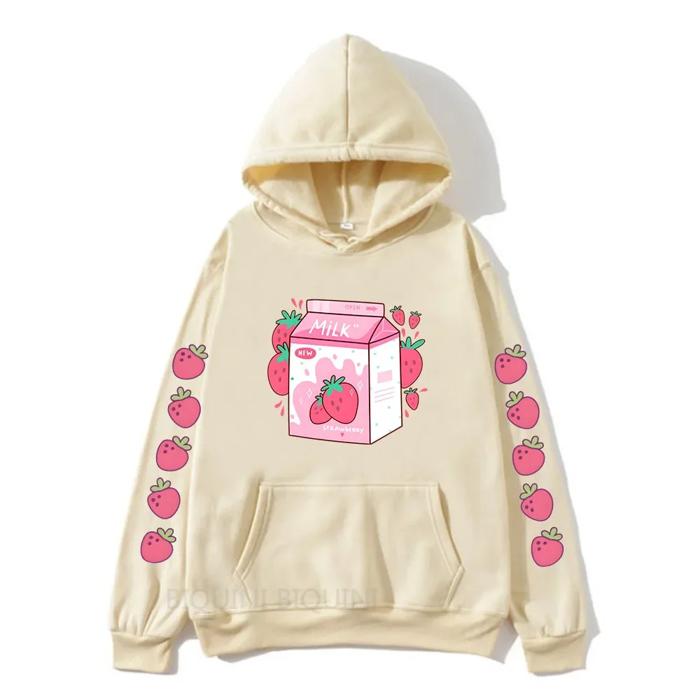 Cartoon Strawberry Milk Cute Printed Clothing Women Hoodies Plus Size Sweatshirt Aesthetic Trendy Female Winter Warm Streetwear