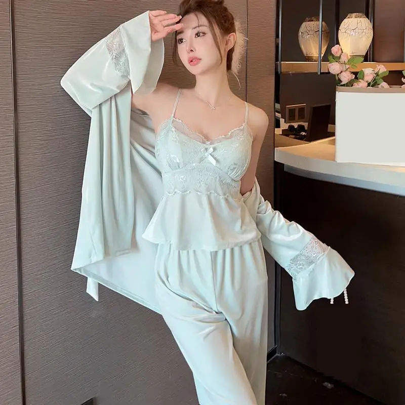 3PC Women Velour Pajamas Set Sleepwear Nightwear Lingerie Long Sleeve Pyjamas Suit Spring Lace Cami&Trousers&kimono Home Clothes