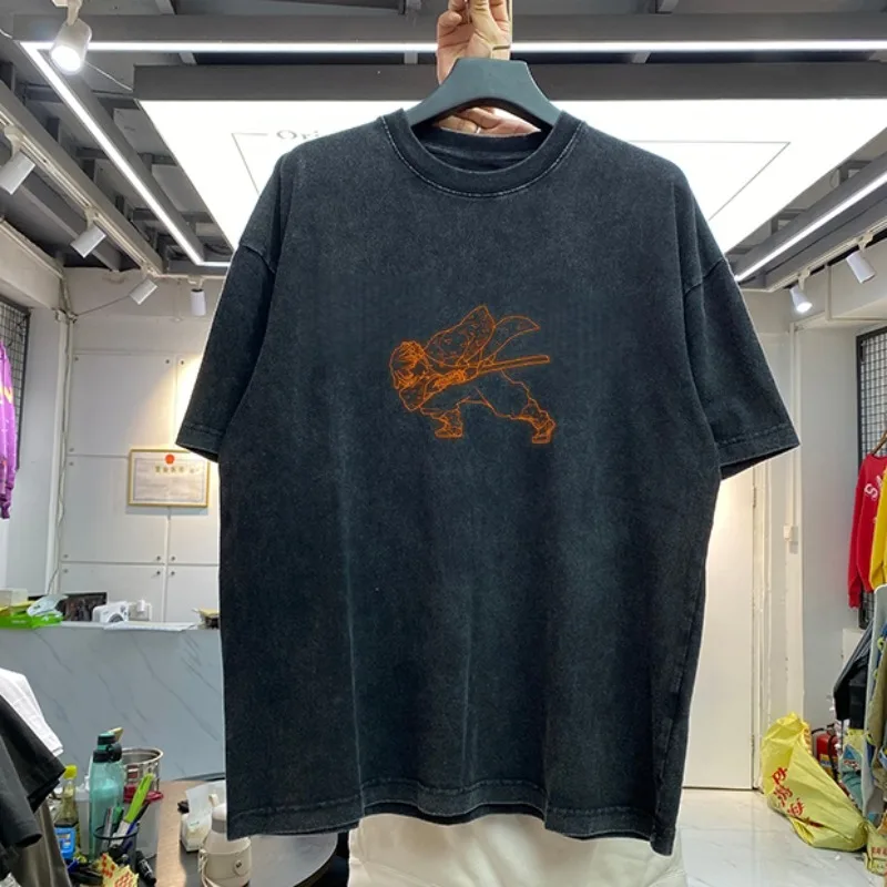 الصيف الرجال غسل تي شيرت انمي ياباني شيطان القاتل Agatsuma Zenitsu الجرافيك الملابس Harajuku Y2K ملابس علوية من القطن المتضخم #2