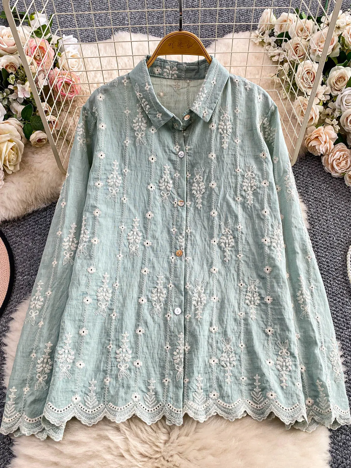 Zwaar borduurwerk uitgehold lange Sve irt dames casual losse afslankende bovenkleding lente herfst Faion Ele