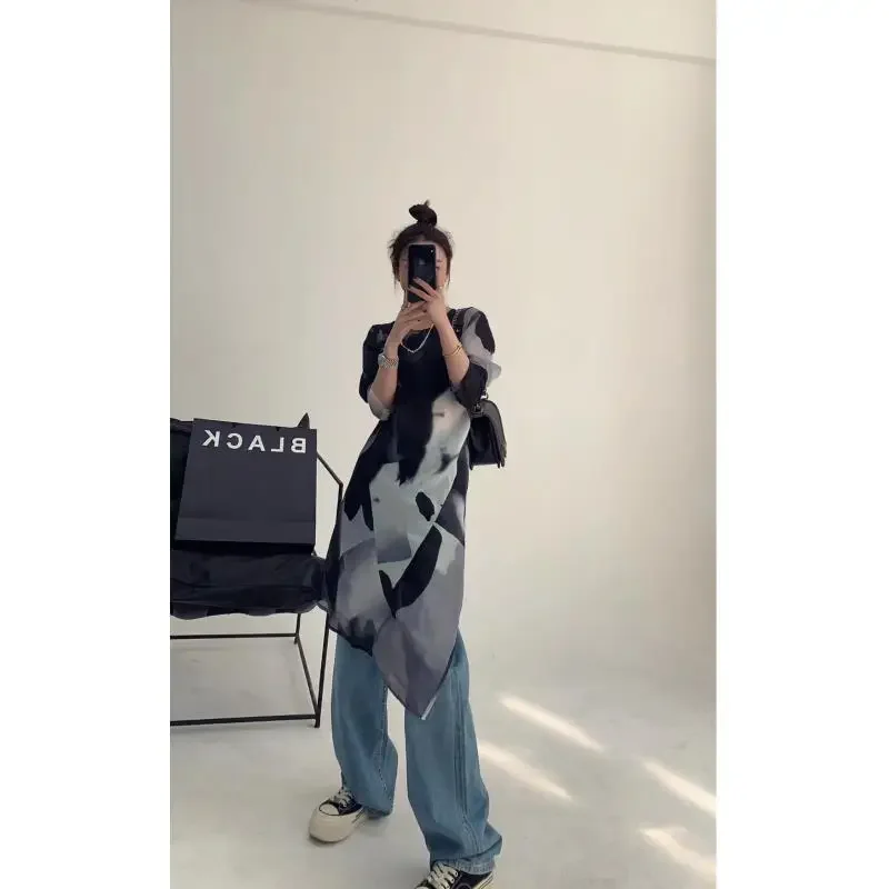 Chemisier imprimé géométrique pour femmes, chemise en mousseline de soie à manches longues, décontracté, Y2k, hauts asymétriques, nouvelle collection été