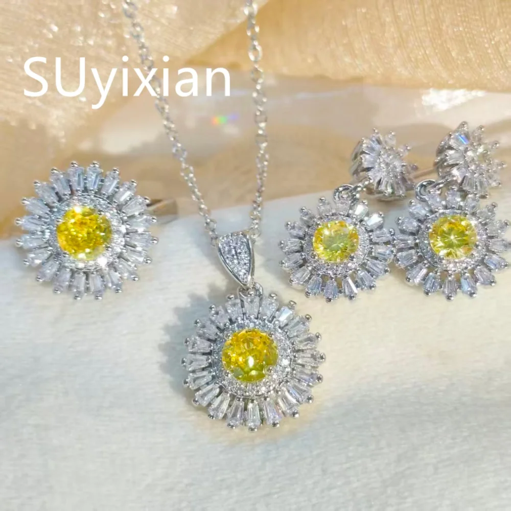 925 Sterling Silver Fashion Light Luxury Sunflower Zircon Stud Earrings Pendant Necklace Set Women's Jewelry Birthday Gift