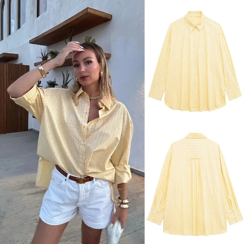 

PB&ZA Women's 2024 Summer New Casual Versatile Lapel Long Sleeve Striped Straight Loose Poplin Shirt 3564/061