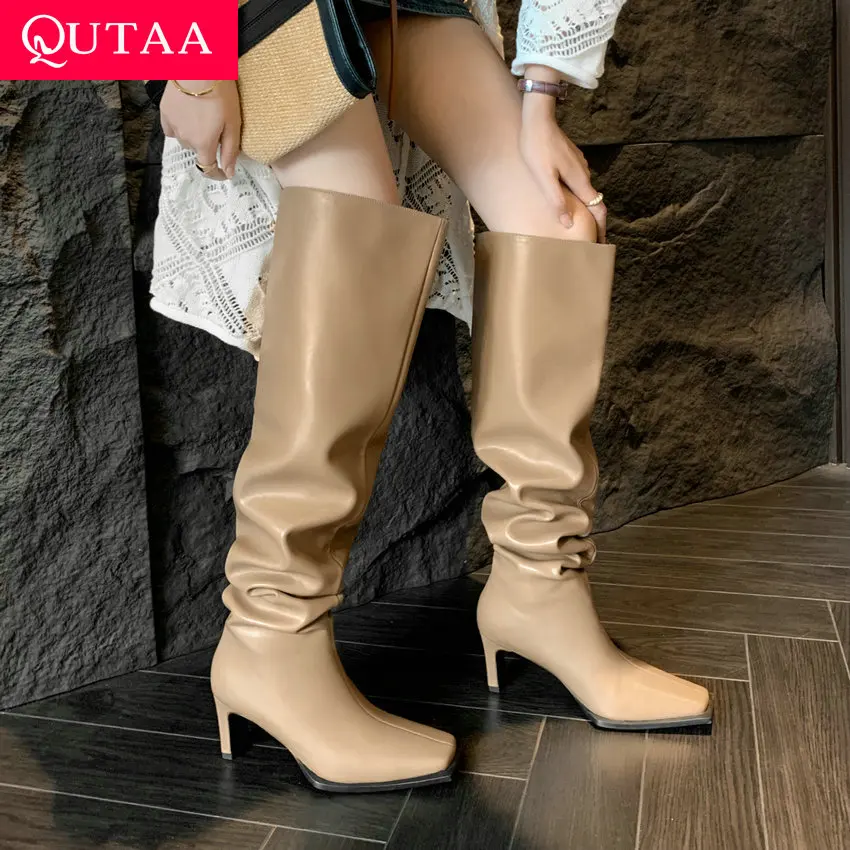 

QUTAA 2023 Microfiber Square Toe Square High Heel Platform Women Over The Knee Boots Party Shoes Woman Size 34-42