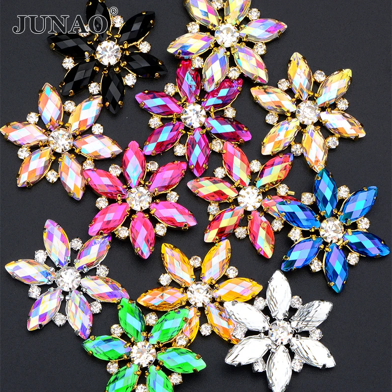JUNAO 1 pz 36mm fucsia AB cucito strass applique fiore cristalli di vetro applique artiglio d\'oro cucire su gioielli per la realizzazione di abiti