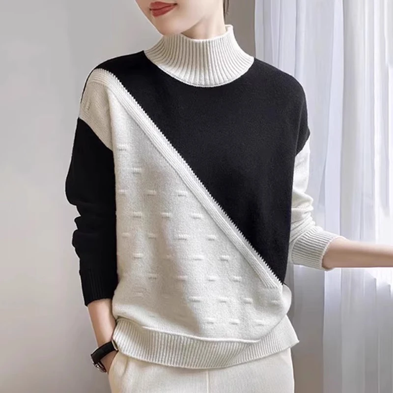 

New Women Contrast Color Sweater Autumn Winter Fashion Half High Collar Loose Knitted Pullover Tops Casual Long Sleeve Sweater