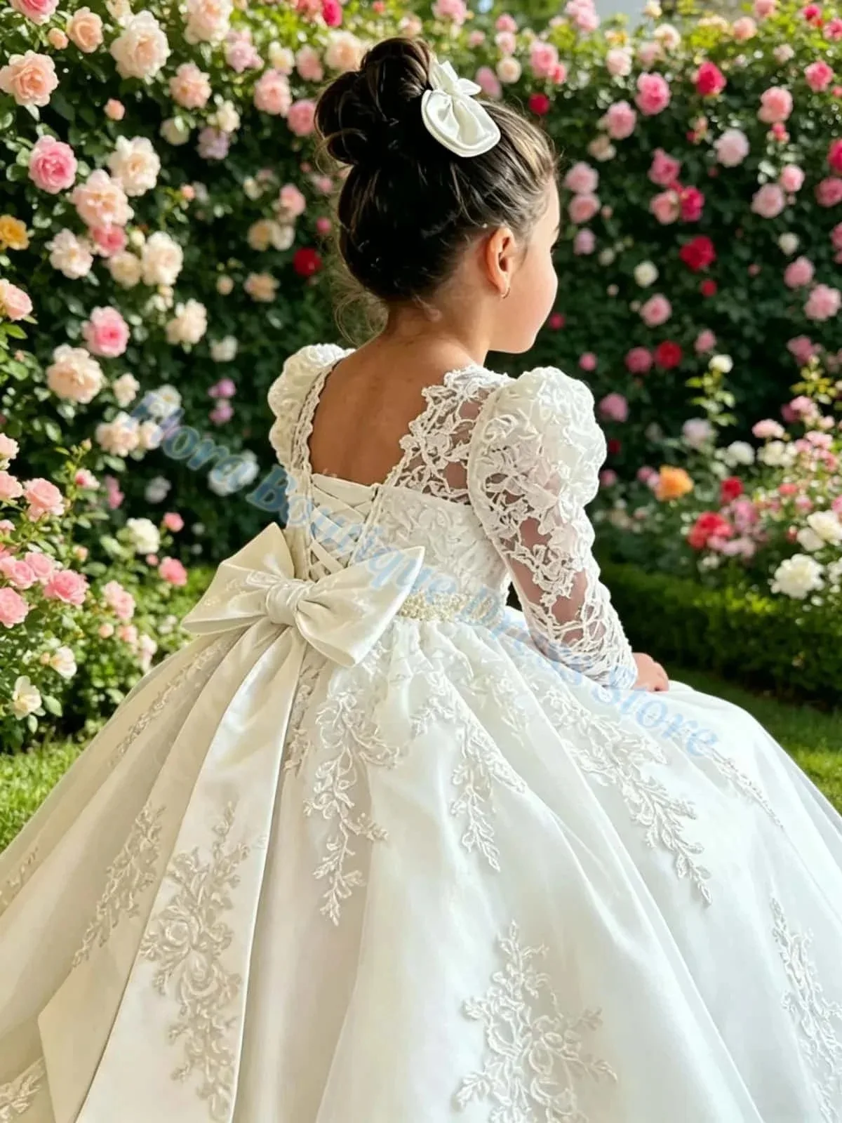 Großhandel Langarm Weißes Maßgeschneidertes Blumenmädchenkleid mit Schleife/Schleppe Kinder Perlenbesetztes Spitzenkleid für Hochzeit, Erstkommunion, Geburtstag – Detail 2